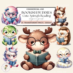 Simpatici animali ad acquerello che leggono clipart di libri, clipart di lettura fantasy, clipart booklover Png, lettura di animali, grafica di libri, animali in formato Svg
