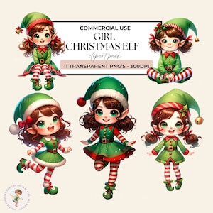 May include: Digital clipart pack featuring illustrations of Christmas elves. Each elf is depicted with brown hair, green eyes, and wearing a green and red outfit with a matching hat. The text "GIRL CHRISTMAS ELF clipart pack" is visible.