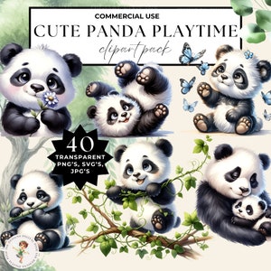 Cute Panda Aquarela Clipart Adorável Engraçado Bebê Panda Urso Clipart Decoração De Berçário Png Svg Jpg Uso Comercial Animais Safari Da Selva