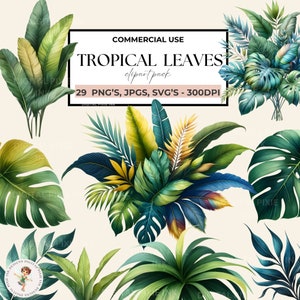 Aquarelle de feuilles tropicales Clipart Png Tropical verdure feuilles Clipart feuilles tropicales fleurs vertes Svg palmier usage Commercial Monstera