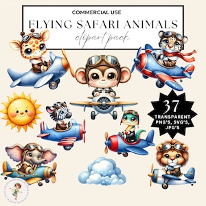 Bundle de cliparts avion aquarelle Clipart avion Safari en vol animaux pilotes Png Svg Jpeg Jpg animaux aviateur Lion mignon girafe zèbre