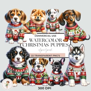 Pacchetto di clipart di sublimazione del cane di Natale dell'acquerello, clipart di maglioni di cani di Natale Clipart di cani invernali, clipart di maglione di cane di Natale