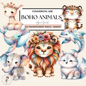 Boho Woodland & Safari Dieren Clipart Mega Bundel: Aquarel Kinderkamer Kunst, Schattige Dieren Baby Douche PNG, Pasgeboren Kid Doodles, Maan Kind