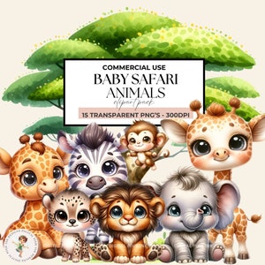 Bébés animaux de safari, Clipart aquarelle, baby shower animé, animaux mignons de la jungle, décoration de chambre d'enfant, Safaribaby, girafe, éléphant, lion, tigre