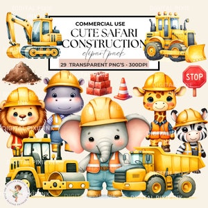 Aquarelle des cliparts camion de construction, anniversaire de la construction, clipart enfant ouvrier du bâtiment Png, excavatrice, clipart de véhicule de camion à benne basculante