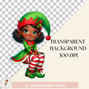 Girl Elf Clipart, Black Girl Elf, Watercolor Santa Elf Clipart, Cute