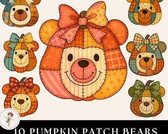 Vintage Patchwork Bear Pumpkins Clipart Set, Quilted Autumn Bears with Bows, Rustic Farmhouse Fall Applique Coquette Pumpkin Faces PNGs