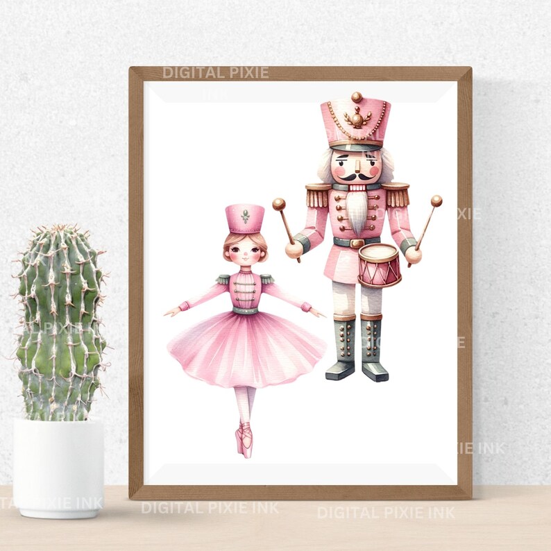 May include: A watercolour illustration of a pink ballerina nutcracker and a traditional nutcracker holding a drum. The ballerina is wearing a pink tutu and a red jacket. The traditional nutcracker is wearing a red and green uniform.