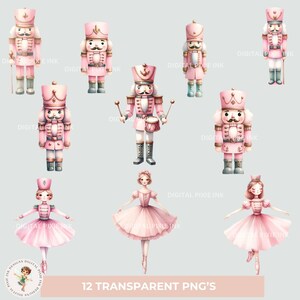 May include: Twelve digital illustrations of pink and white nutcracker soldiers and ballerinas. The nutcracker soldiers are wearing pink and white uniforms with gold accents. The ballerinas are wearing pink tutus and white shoes. The illustrations are on a light grey background.