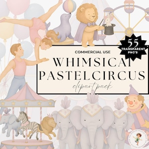 Circus Clipart, Watercolor Animals, Carnival Decor, Nursery Art, Digital Download, Cute Circus Illustrations. Pink Pastel Circus Clipart
