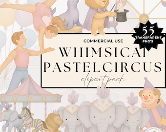 Circus Clipart, Watercolor Animals, Carnival Decor, Nursery Art, Digital Download, Cute Circus Illustrations. Pink Pastel Circus Clipart