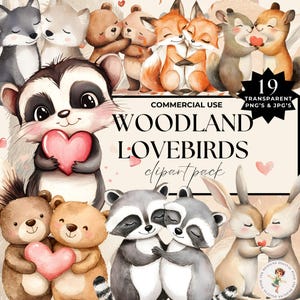 Woodland Valentine Clipart, Valentine Woodland Animal Creature In love, Watercolor Romantic Animals Clip Art, Commercial Use PNG JPG Junk