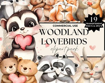 Woodland Valentine Clipart, Valentine Woodland Animal Creature In love, Watercolor Romantic Animals Clip Art, Commercial Use PNG JPG Junk