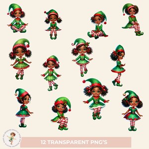 Girl Elf Clipart, Black Girl Elf, Watercolor Santa Elf Clipart, Cute