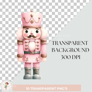 May include: A pink and gold nutcracker with a white beard and a black moustache. The nutcracker is wearing a pink and gold uniform with a gold belt and a gold crown. The background is transparent.