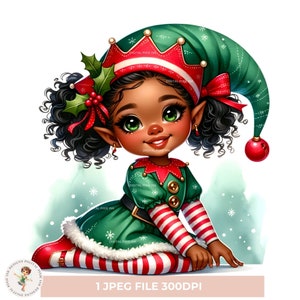 Girl Elf Clipart, Black Girl Elf Clipart, Watercolor Santa Elf Clipart