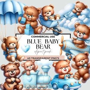 Clipart aquarelle ours en peluche pour garçon, clipart ours en peluche avec ballon, lot bébé garçon ours en peluche, nuages et montgolfière ours Clipart