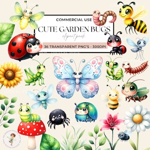 Insectos Cliparts Acuarela, Lindo Clipart de Insectos, Ilustraciones de Insectos, Mantis Religiosa, Abeja, Polilla, Mariquita, Gráficos Espeluznantes, PNG