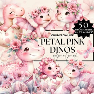 Clipart de dinosaurio rosa, dinosaurio de cumpleaños, lindo dinosaurio morado de acuarela para niña, clip art para guardería, paquete de dinosaurios femeninos para uso comercial