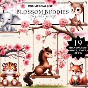 Animaux sur des balançoires Clipart aquarelle mignon bébé Safari forêt jungle pépinière animaux Png Svg Jpg arbre balançoire Clipart usage Commercial