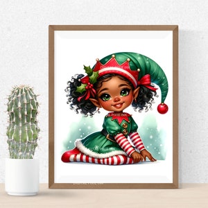 Girl Elf Clipart, Black Girl Elf Clipart, Watercolor Santa Elf Clipart