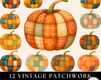 Pacote de clipart de abóbora de patchwork, download digital de outono, PNG fofo de outono, arte de artesanato para scrapbooking e decoração