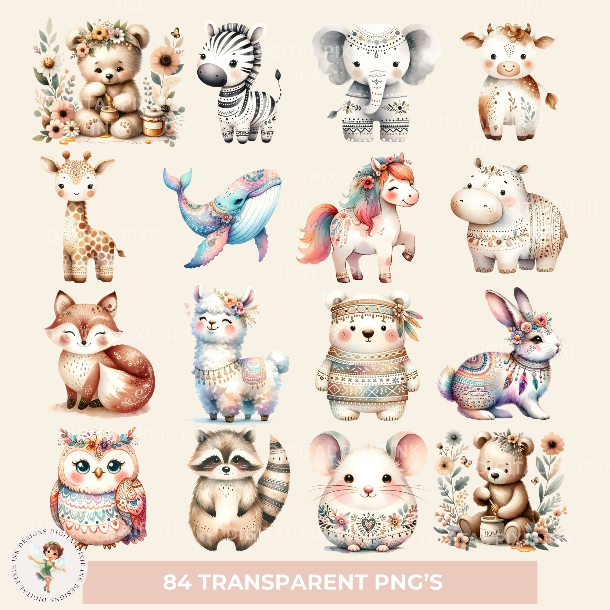 Boho Woodland & Safari Animals Clipart Mega Bundle: Watercolor Nursery ...