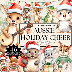 Bundle de cliparts Noël australien, bébés animaux australiens mignons, baby shower bohème aquarelle et animaux de la chambre de bébé, bonnet de Noel à usage Commercial PNG