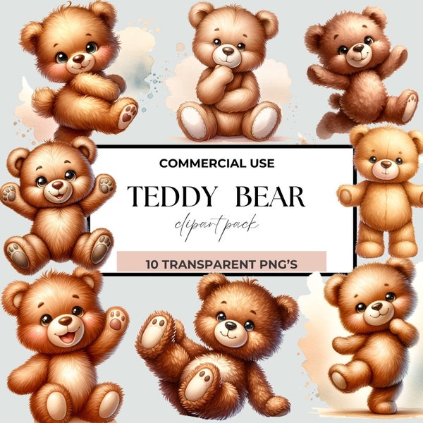 Artful Watercolor Teddybear Clipart, Teddy Bear, Babyshower Clip Art Nursery  Decoration, Theme Brown Boho Baby Shower, Downloadable PNG,Boy
