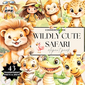 Bundle de cliparts animaux Boho Safari, illustrations mignonnes à l'aquarelle de safari dans la jungle, baby shower et décoration d'animaux de chambre d'enfant, usage commercial PNG JPEG