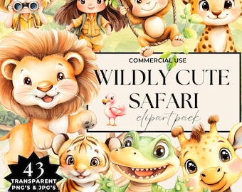 ボヘミアン サファリ アニマル クリップアート バンドル、かわいいジャングル サファリ 水彩イラスト、ベビー シャワー & 保育園の動物装飾、商用利用 PNG JPEG