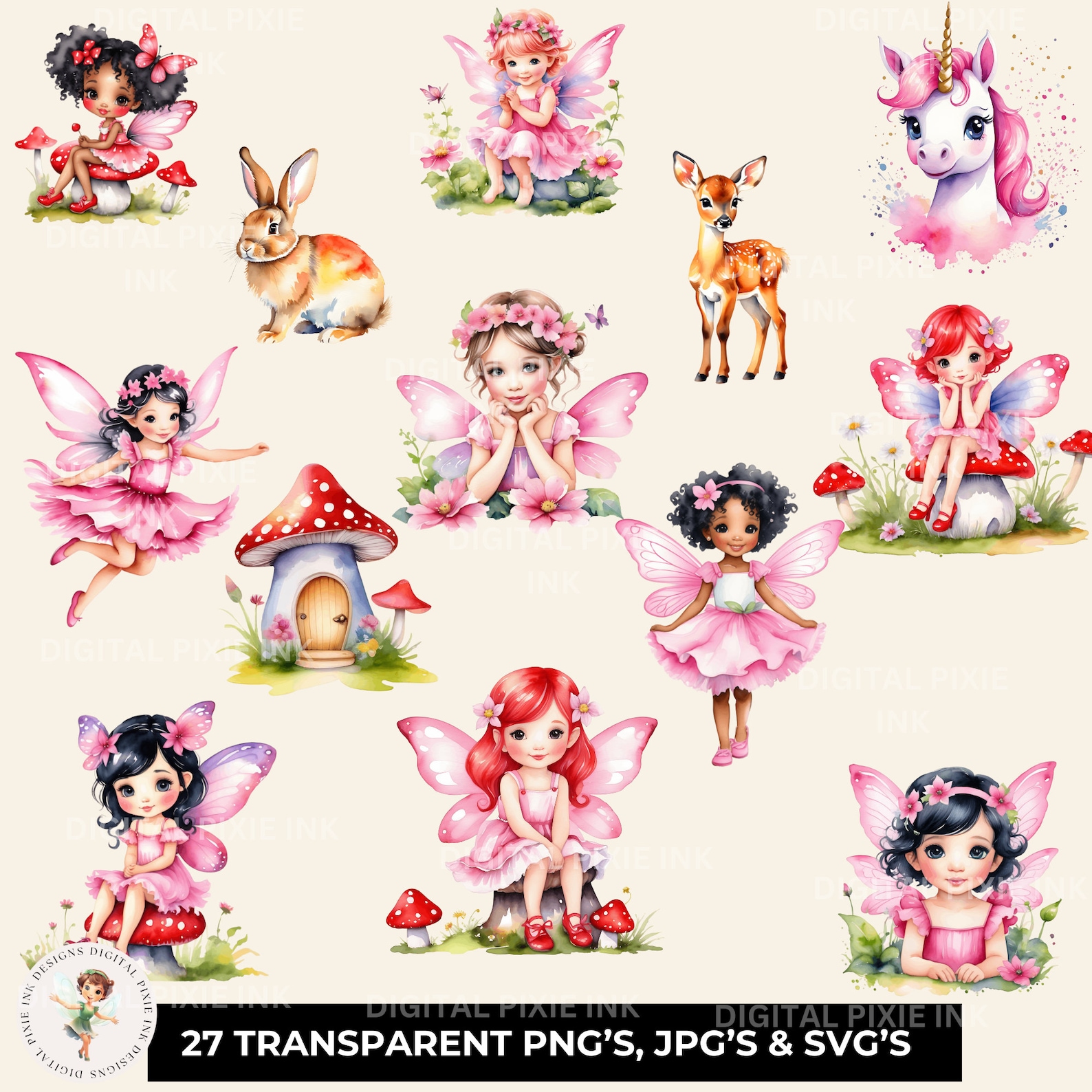 Watercolor Pink Fairy Clipart Bundle Unicorn and Fairy Magical Flower ...