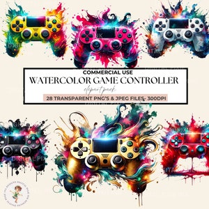 Op de afbeelding: Een set van 28 aquarel-clipart afbeeldingen van gamecontrollers. De controllers zijn in verschillende kleuren, waaronder rood, blauw, groen, geel en zwart. De controllers zijn omringd door kleurrijke aquarelspatten.