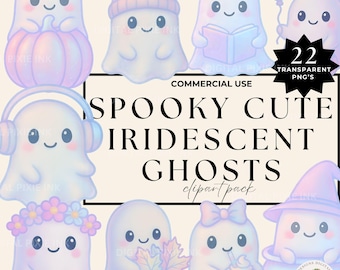 Iridescent Halloween Ghost Clipart Bundle: Cute Spooky Girly Kawaii Sublimination Coquette Art for Kids  PNG