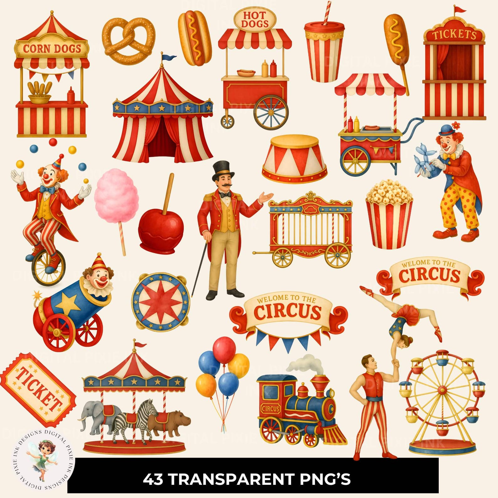 Circus Clipart Set Cute Illustrations of Circus Animals, Digital ...