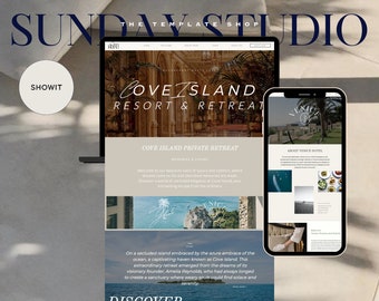 May include: A laptop and smartphone displaying a website design. The website features the text "COVE ISLAND RESORT & RETREAT" and "VENICE HOTEL". The words "SUNDAY STUDIO" and "SHOWIT" are also visible.