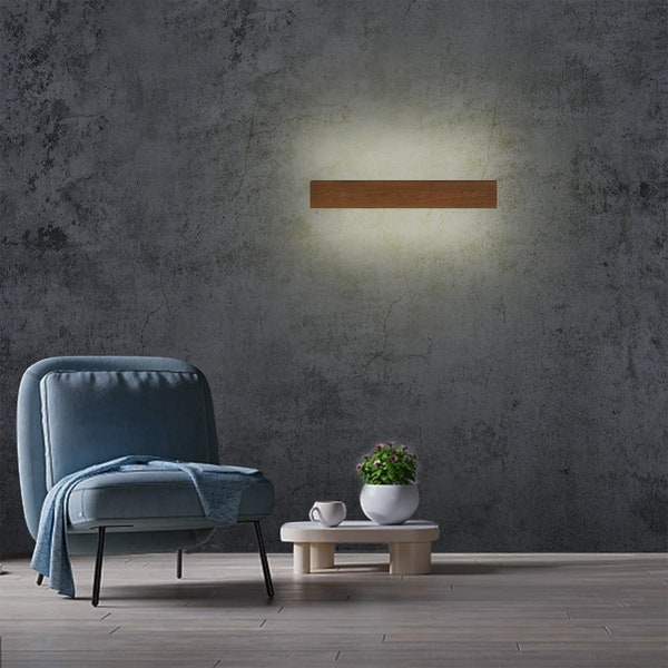 Lámpara de pared lineal de madera minimalista hecha a mano, aplique de pared de madera, luz LED de pared de madera, luminaria