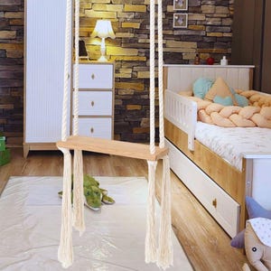 Solid Wood Boho Swing /Handmade Indoor and Outdoors Swing /Handcrafted Durable Swing with Rustic Jute and Cotton Ropes / Gardens Swings