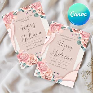 ピンクの花の結婚式招待状Canvaテンプレート、ミニマリストでカスタマイズ可能なCanva式典案内、