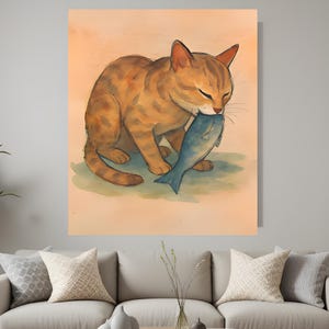 Cat Eating Fish Canvas Painting, Pet Wall Art Decor,  Stretched Animal Matte Canvas , Feline Home Decor, Cat Lover Gift, Domestic Animal Art
