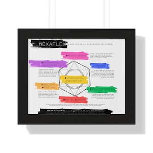 May include: A framed print with the title "NEXAFLEX" and the text "PSYCHOLOGICAL FLEXIBILITY" in the center. The print features colorful blocks with text, including "PRESENT MOMENT" and "COMMITTED ACTION". The frame is black.