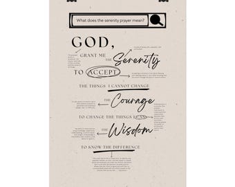 May include: A beige poster featuring the Serenity Prayer in black text. The prayer's key phrases include "God, grant me the serenity to accept the things I cannot change, courage to change the things I can, and wisdom to know the difference."
