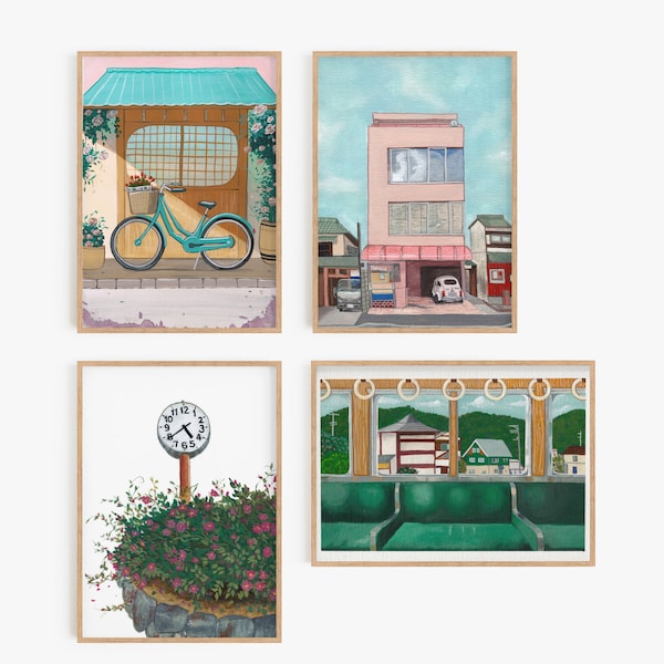 Set of 4 Japan-inspired Gouache Prints | Original Gouache Paintings | Home Decor | Unframed