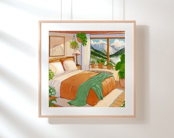 Serene Bedroom with Mountain View Gouache Art Print | Home Decor | Wall Art | Unframed