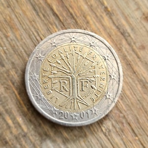 Può includere: Una moneta francese da 1 euro in argento e oro con le parole "LIBERTE EGALITE FRATERNITE" e "RF" al centro. La moneta ha un disegno di albero con rami e radici. L'anno "20*01" è stampato in basso.