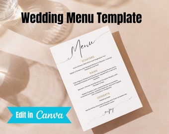 May include: A wedding menu template with a handwritten font. The menu includes starters, mains, and desserts. The text reads "Goat Cheese, Red Onion and Augergine Tart", "Salad of Greens with Roasted Butternut Squash, Toasted Hazelnuts and Fete", "Filet Mignon Grilled and Served with Sauteed Mushrooms, Roasted Potatoes and Asparagus, topped with a red wine vignette", "Spinach, Chicken and Butternut Pumpkin Risotto with Parmesan Crisps", "Salad of greens with roasted Butternut pumpkin with a balsamic vinaigrette smashed avocado, toasted hazelnuts, feta and topped", "Wedding Cake", "Vanilla White Chocolate Mousse with fresh strawberries and whipped cream".