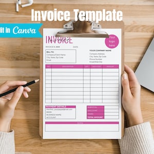 May include: A printable invoice template with pink accents. The template includes sections for billing information, payment details, and a table for listing items, quantities, unit cost, and amount. The template also includes fields for subtotal, discount, taxes, and total amount.
