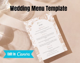 May include: A wedding menu template with a floral design in shades of pink and brown. The menu includes appetizers, entrees, and desserts. The text "Edit in Canva" is at the bottom of the page.