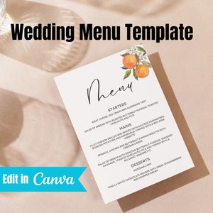Wedding Menu Template, Printable Menu Card, Wedding Menu Printable, Instant Download