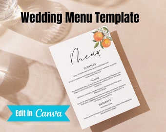 May include: A wedding menu template with a handwritten "Menu" title and a watercolor illustration of oranges and leaves. The menu lists starters, mains, and desserts with descriptions of each dish.